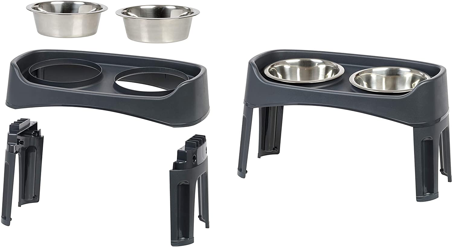  Iris Ohyama, soporte con 2 cuencos elevados de acero inoxidable, agua y comida para perros - Dog Feeder - Plástico, gris, 54,2 x 29,8 x 12 cm 