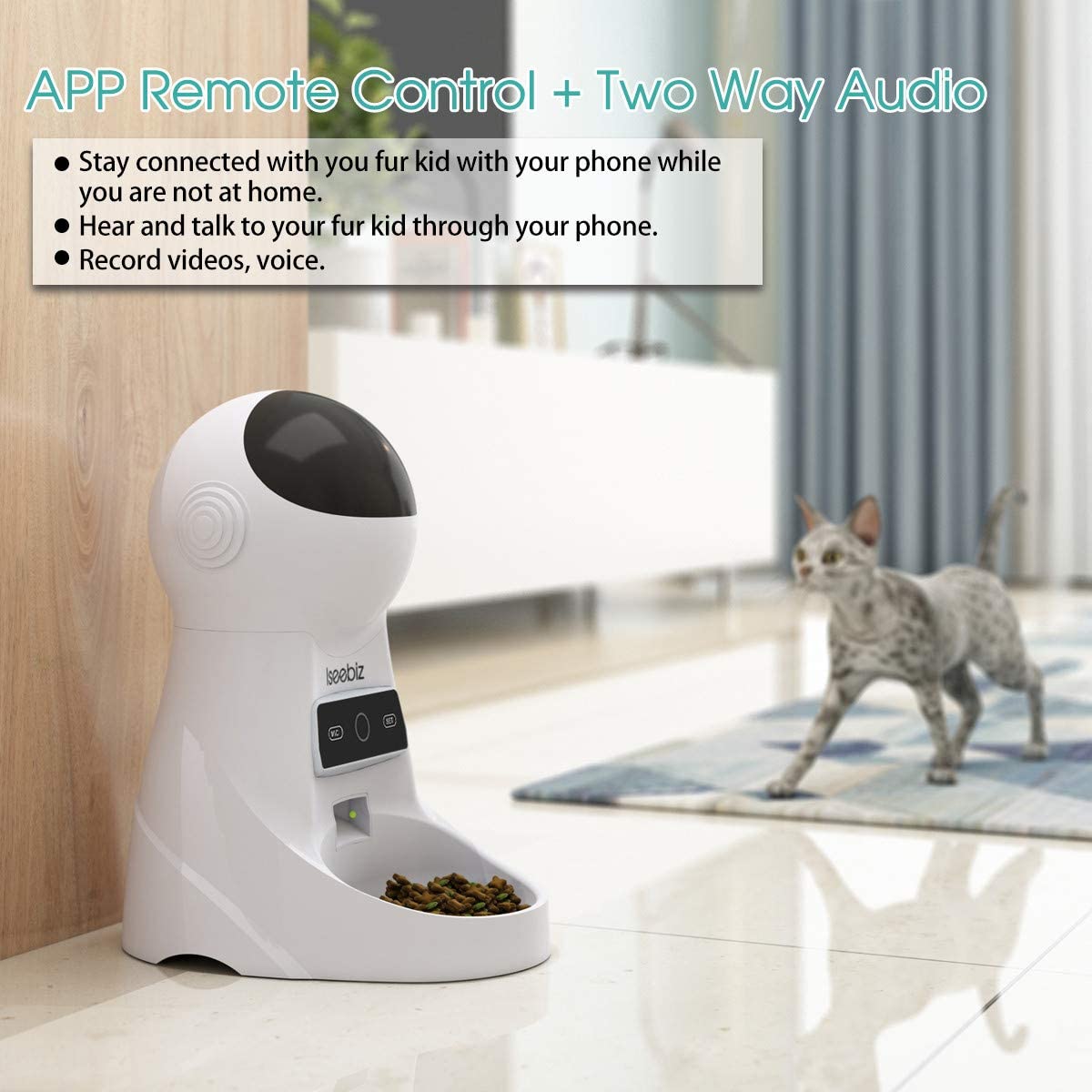 Iseebiz Comedero Automatico Gatos con WiFi 3 Litro Comedero Perro Tiene 8 Comidas con Recordatorio por Voz y Temporizador Fuciona con el Enchufe o la Pila 