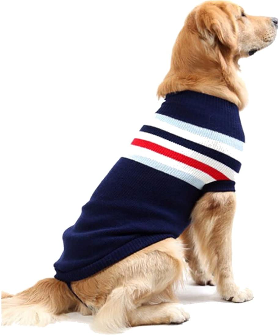  Jersey de punto para perro grande a rayas cálido de invierno azul y blanco 