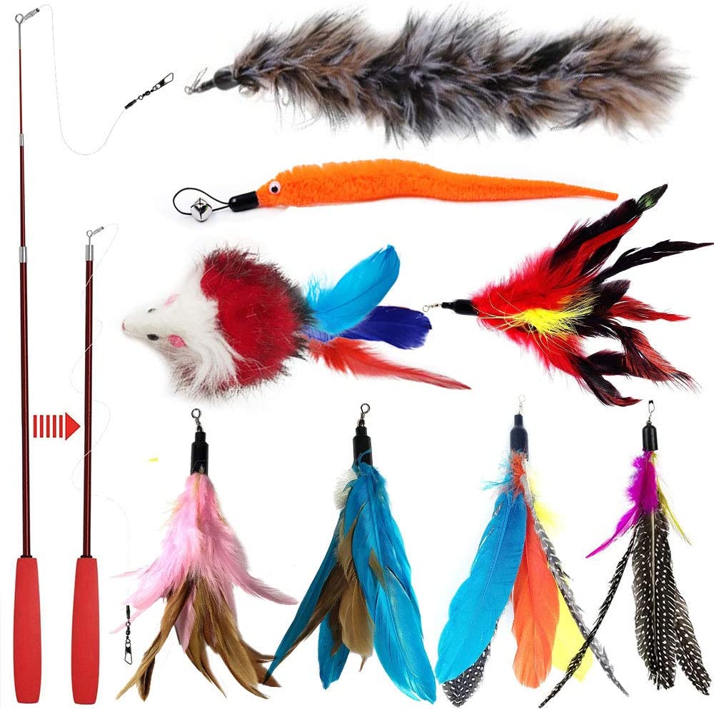  Juguete de varita con plumas retráctil, para gatos, interactivo, con 8 repuestos de plumas, pájaros y ratones, de OneBarleycorn 