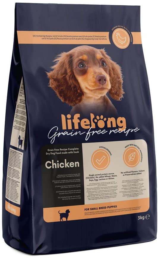  Marca Amazon - Lifelong Alimento seco completo con pollo fresco para cachorros de razas pequeñas, receta sin cereales - 3kg*3 