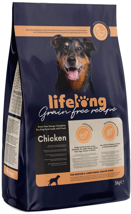  Marca Amazon - Lifelong Alimento seco completo con pollo fresco para perros sénior de razas medianas y grandes, receta sin cereales - 5kg 