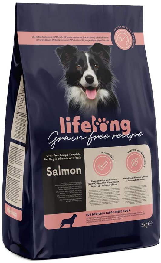  Marca Amazon - Lifelong Alimento seco completo para perros de razas medianas y grandes,con salmón fresco, receta sin cereales - 5 kg 