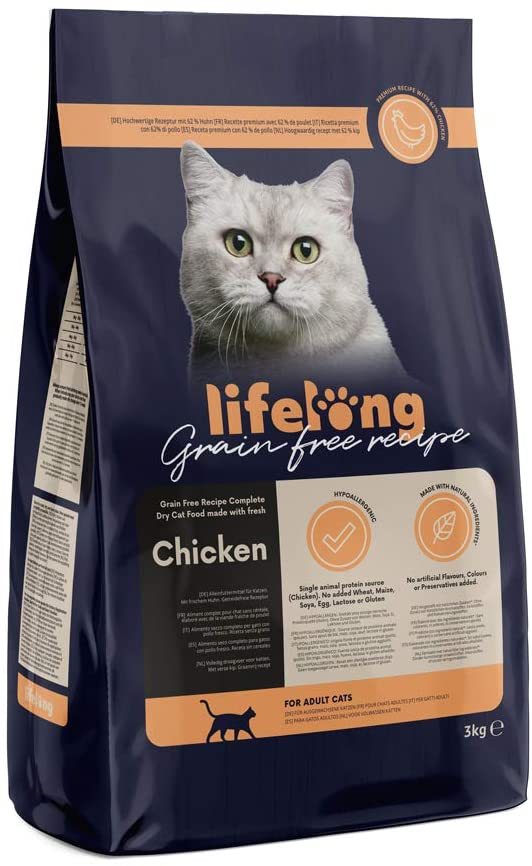  Marca Amazon Lifelong Alimento seco para gatos adultos con pllo fresco, receta sin cereales - 3kg 