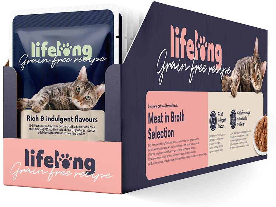  Marca Amazon - Lifelong Comida húmeda para gatos adultos sin cereales Selección de carne en caldo-pato,pollo,pavo y hígado, 2,4 kg (28 bolsitas x 85g) 