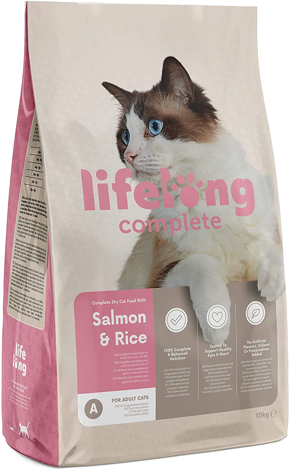  Marca Amazon - Lifelong Complete- Alimento seco completo para gatos adultos con salmón y arroz, 1 x 10 kg 
