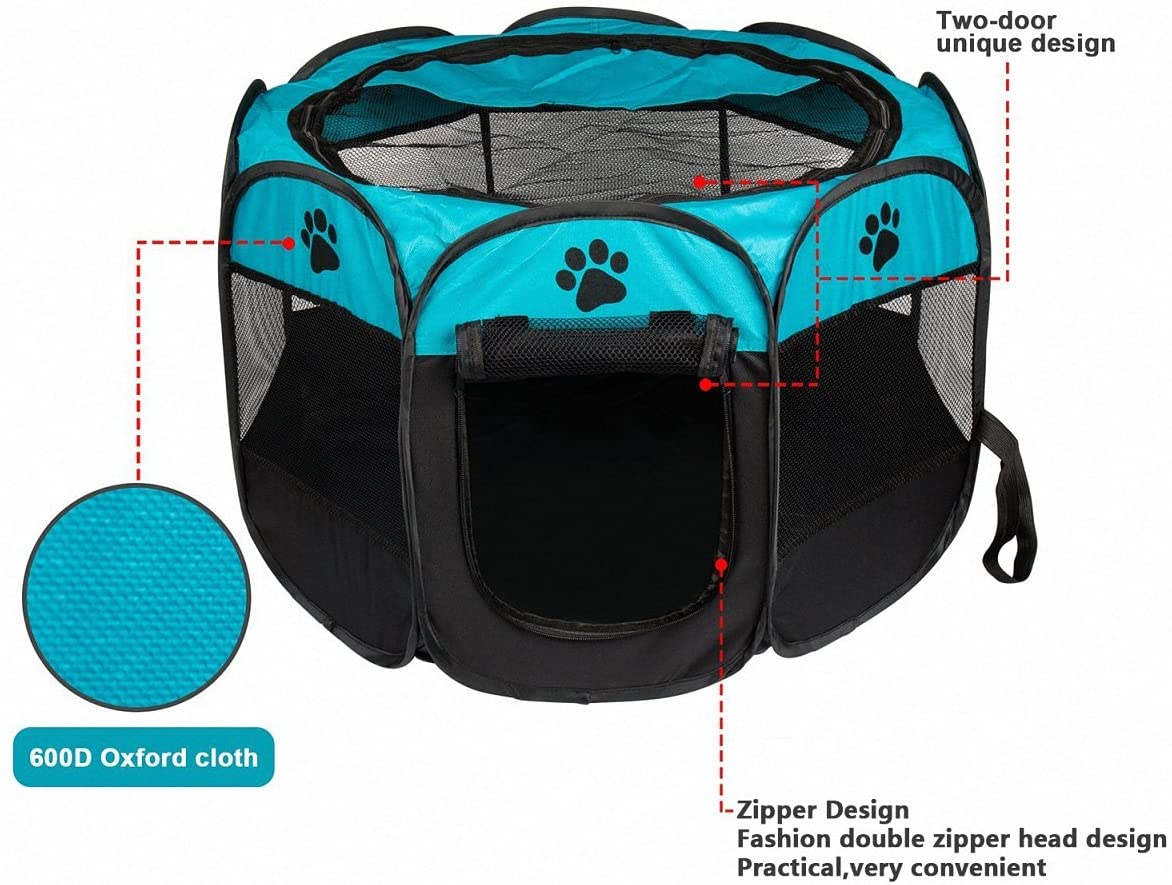  MiLuck Animal de compañía portátiles plegables Playpen, ejercicio de 8 paneles de la perrera de malla cubierta de la sombra interior / al aire libre tienda de cercas para perros gatos (L-Azul) 