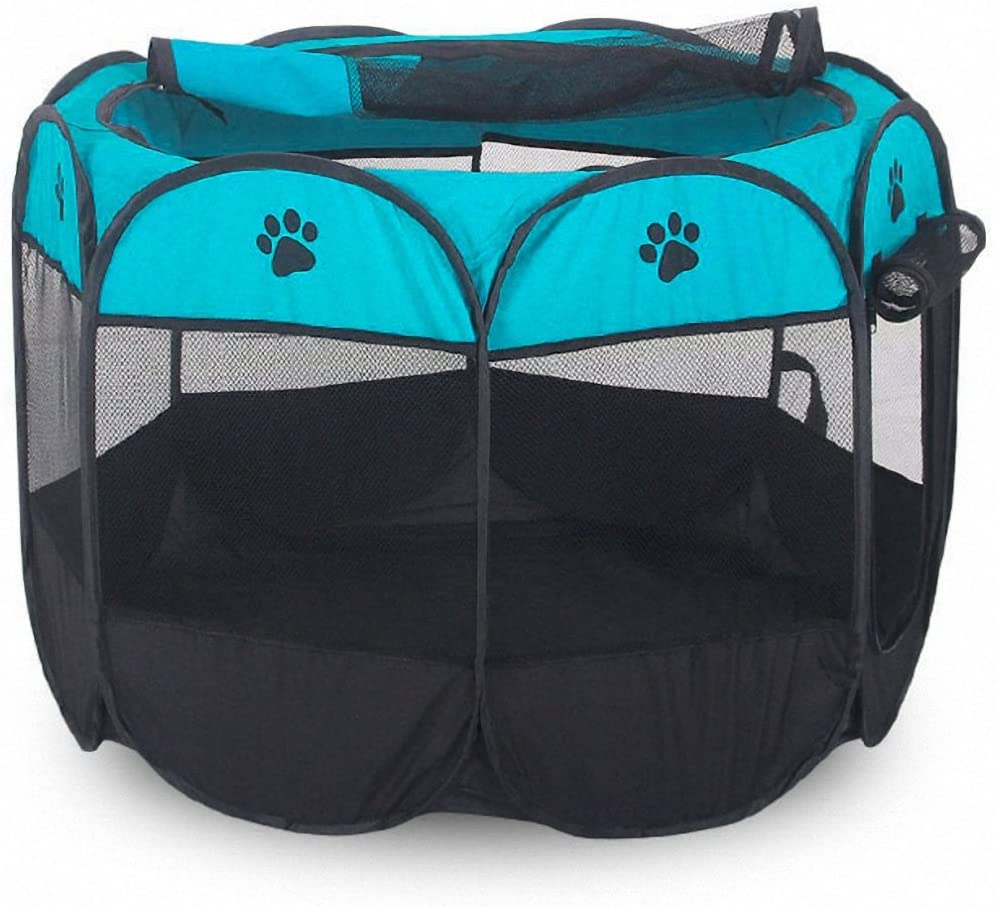  MiLuck Animal de compañía portátiles plegables Playpen, ejercicio de 8 paneles de la perrera de malla cubierta de la sombra interior / al aire libre tienda de cercas para perros gatos (L-Azul) 