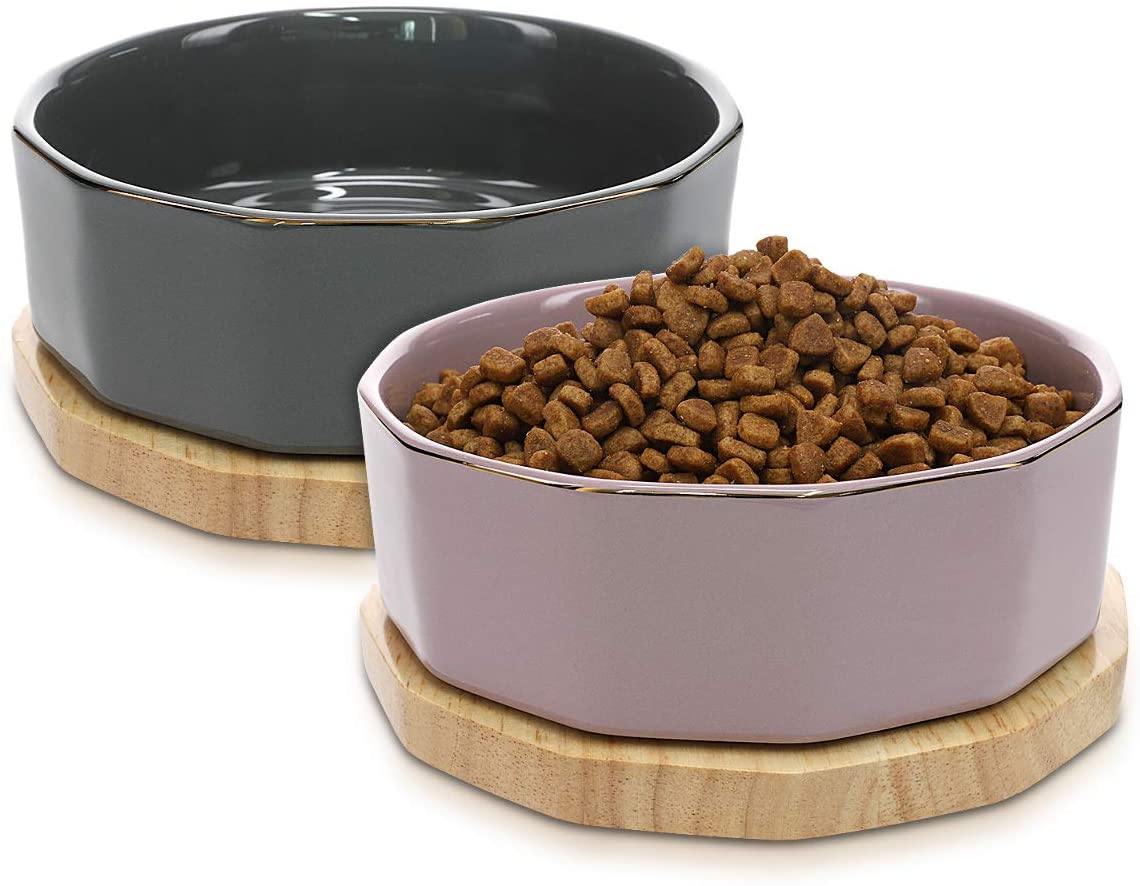  Navaris Set de 2 Cuencos elevados de cerámica - Comedero y Bebedero de Porcelana para Perros Gatos - Juego de 2X Bol con Base de Madera para Mascotas 