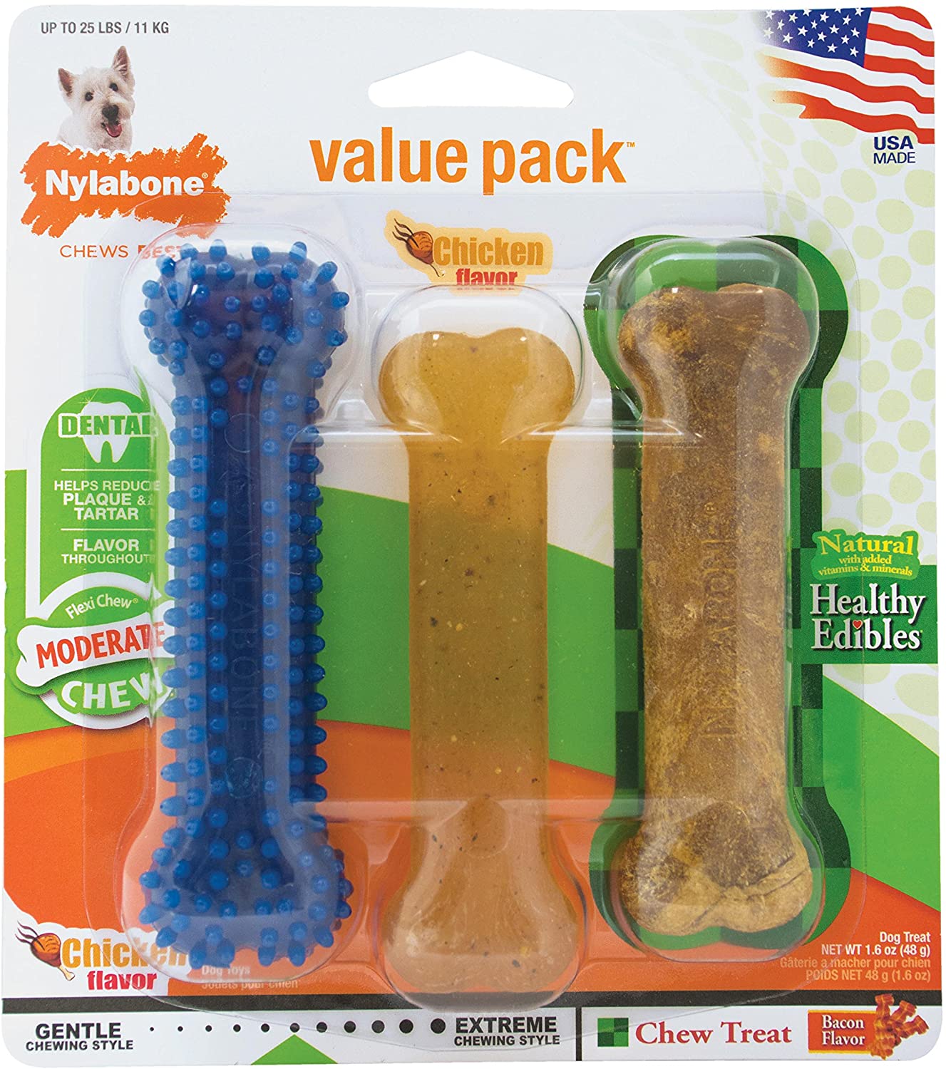  Nylabone - Pack de Huesos para Limpieza Dental Perros, Juguete y Snack en uno para Perros 