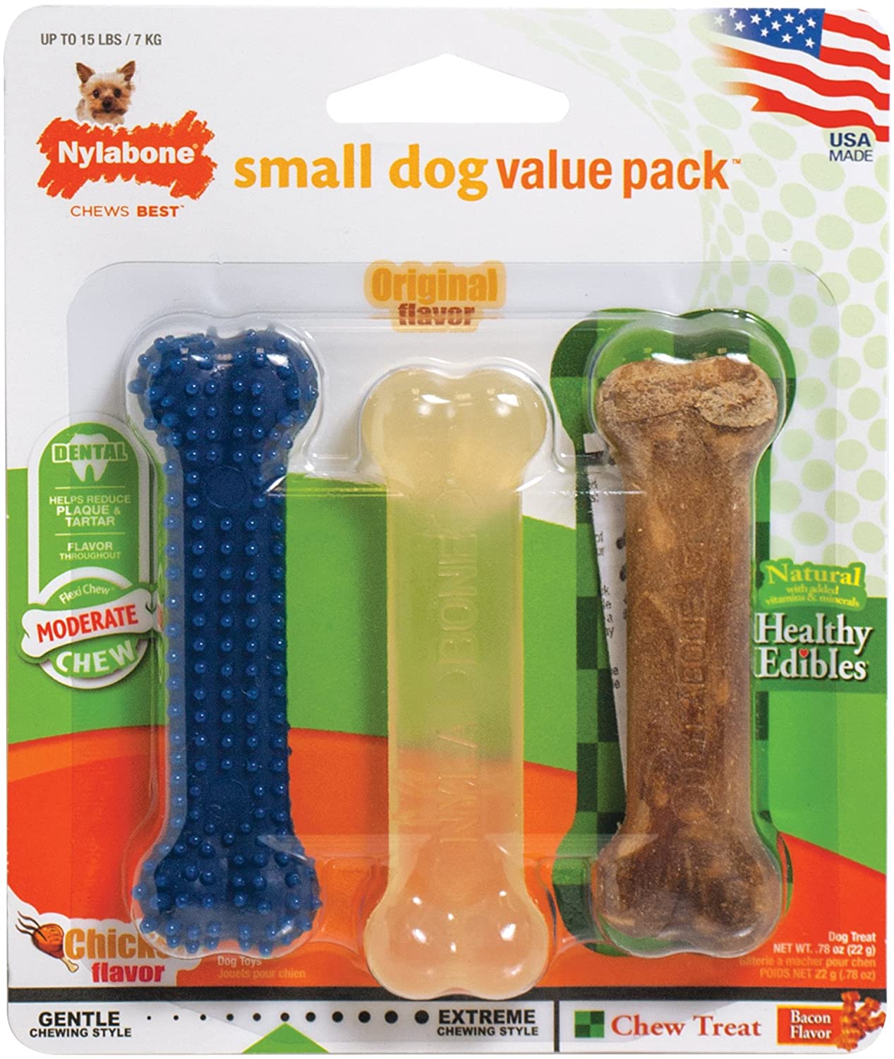  Nylabone - Pack de Huesos para Limpieza Dental Perros, Juguete y Snack en uno para Perros 