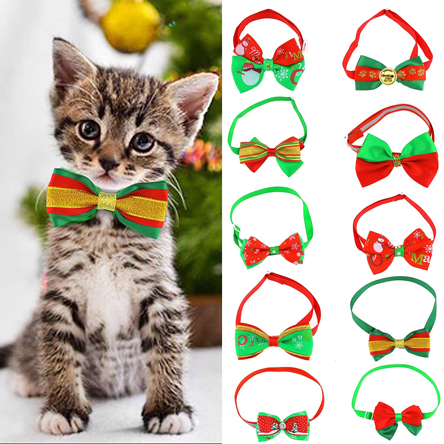  OTOTEC 10 Piezas de Navidad Mascota Gato Perro Pajarita Ajustable Collar Hebillas Corbata patrón de Navidad Accesorios de Aseo, 19-34 cm 