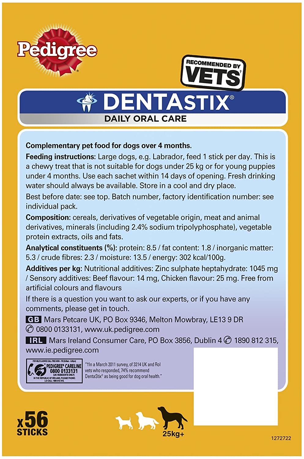  Pedigree Dentastix Diario Oral Cuidado Dental Masticables, GRANDE PERRO 56 palitos, pack de 1 