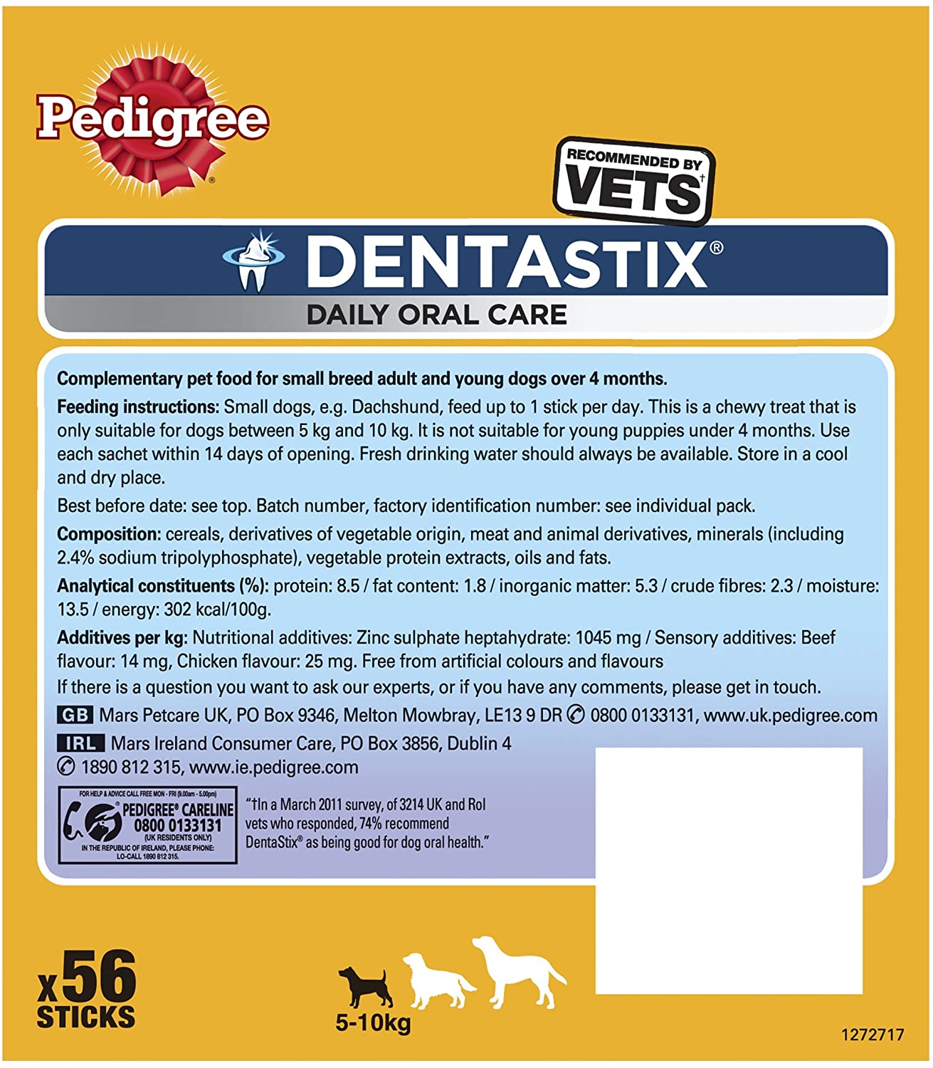  Pedigree Dentastix Diario Oral Cuidado Perro Pequeño 5-10 K G, 56 palitos, pack de 1 