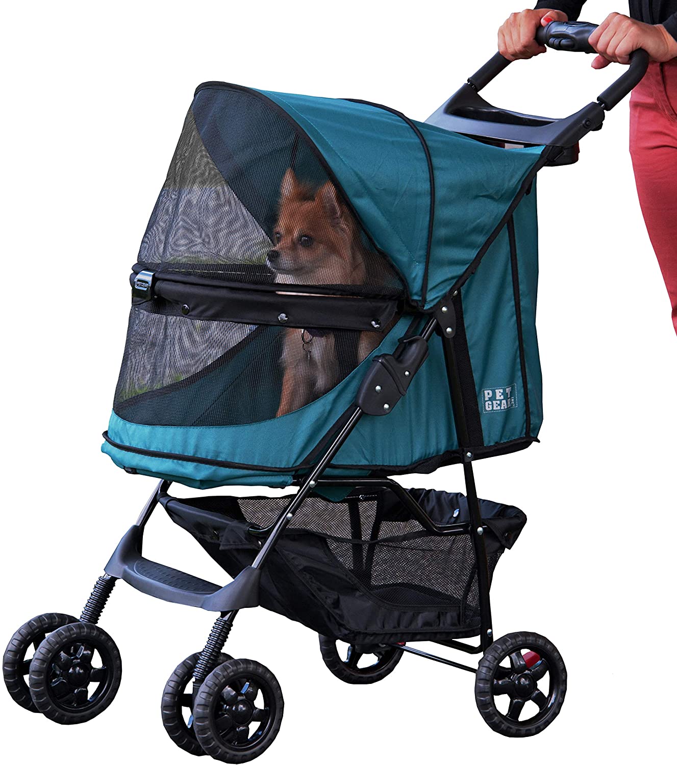  Pet Gear Happy Trails - Cochecito para gatos/perros, entrada sin cremallera, fácil de plegar con forro extraíble, cesta de almacenamiento + portavasos 