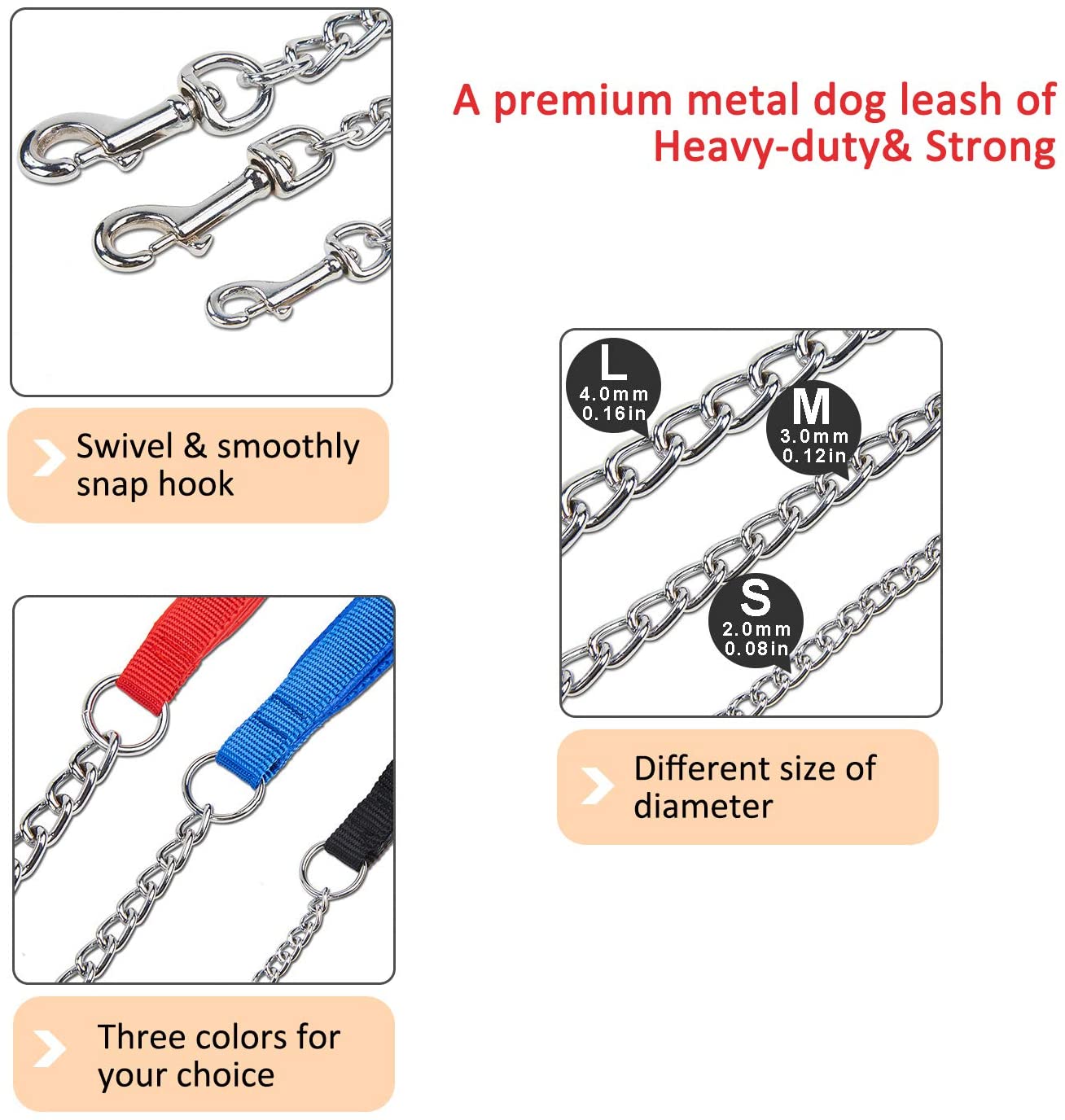  Petcomer Cadena de perro pesado con mango de nylon acolchado con cinturón de metal cromado (Negro, L-4*4.0mm) 