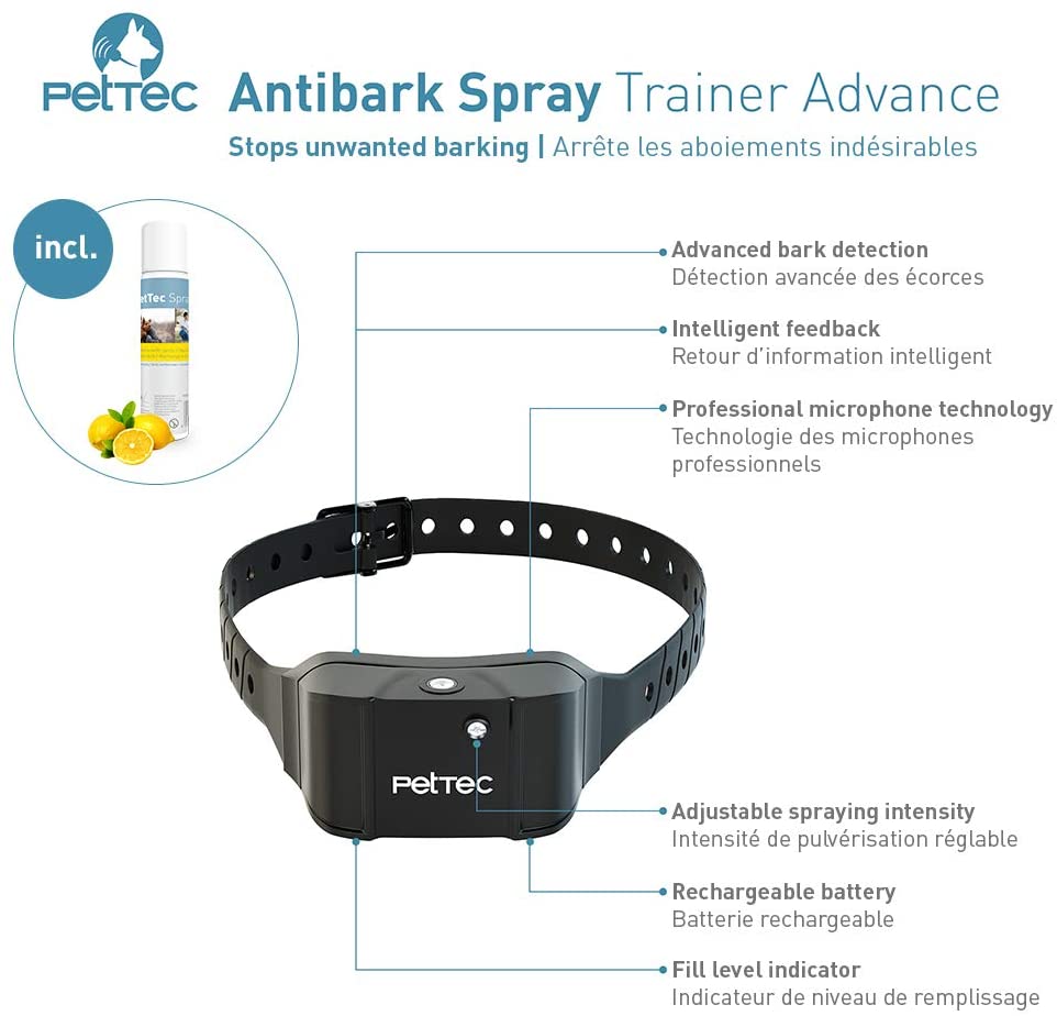  PetTec Anti-Bark Spray Trainer Advance y Seguro para Perros con Detección Avanzada de Ladrido; Inteligente y Ajustable, Impermeable (IP65); Batería Recargable con 2 Aerosoles de Repuesto (Citronela) 