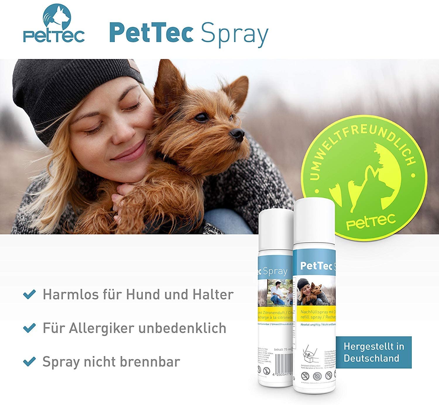  PetTec Collar de Perro con Spray Automático Entrenador Anti Ladridos, de Entrenamiento Inmediato e Inofensivo, Seguro para Perros y Personas + 2 Latas de Repuesto y Pilas Incluidas (Citronela) 