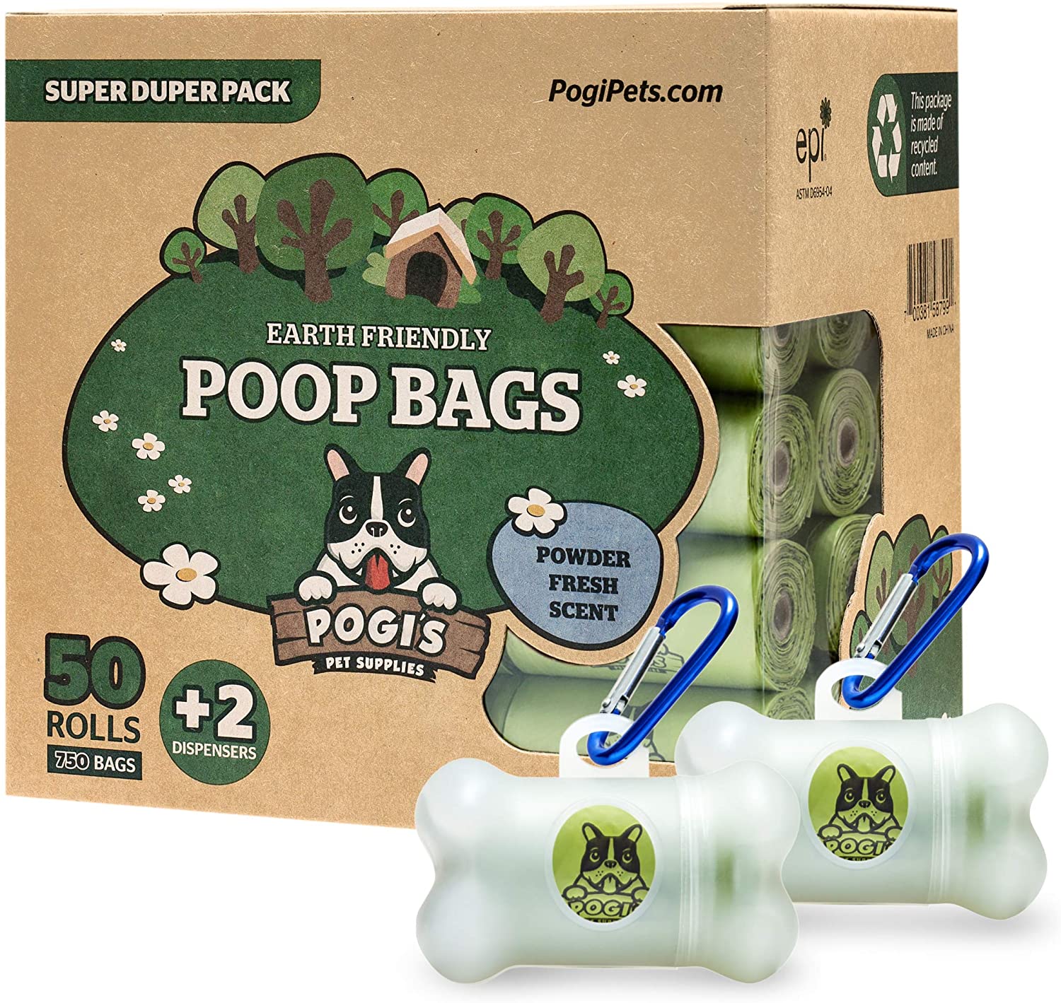  Pogi's Poop Bags - Bolsas para excremento de Perro - 50 Rollos (750 Bolsas) + 2 Dispensadores - Grandes, Biodegradables, Perfumadas, Herméticas 