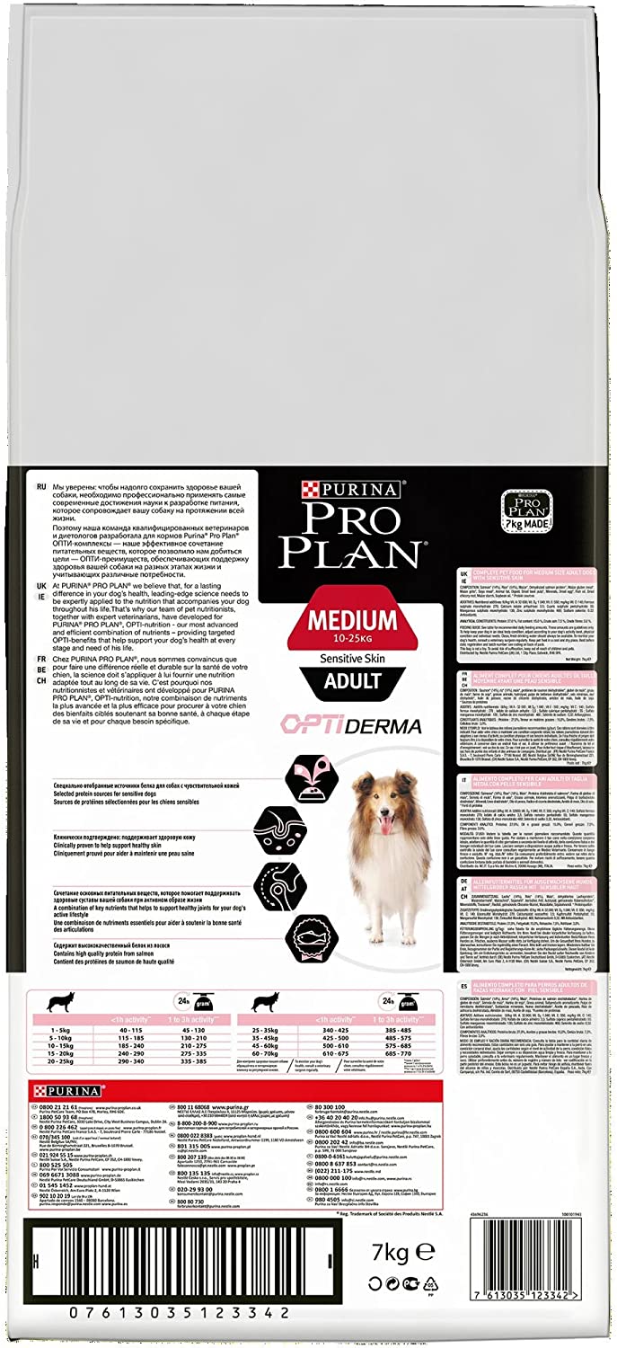  Pro Plan - Medium Adult Sensitive Skin con Optiderma, Rico en salmón – 7 kg – Pienso para Perros Adultos de tamaño Mediano 