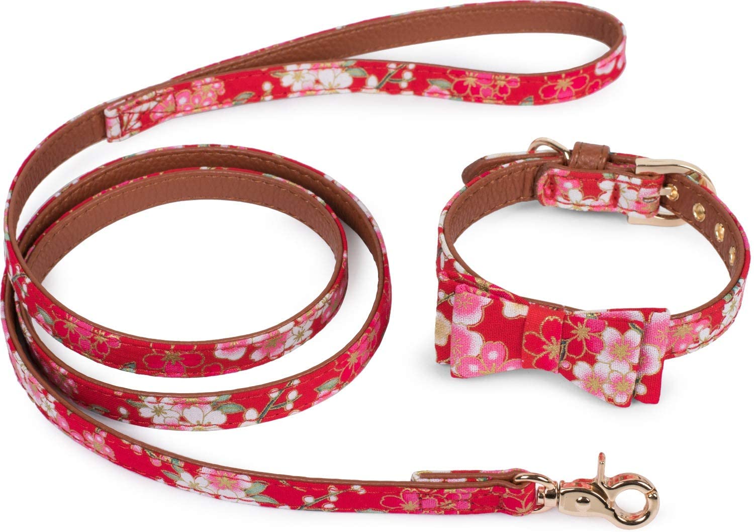  Puccybell Collar de Flores con Lazo y Correa de Perro (1,2 m) en Conjunto, Collar con Corbata de Lazo y Correa para Perros pequeños y medianos HLS005 (M, Rojo) 
