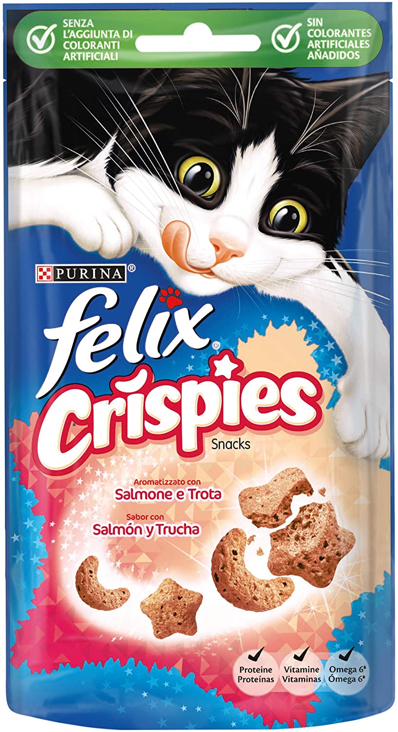  Purina Felix Party Mix Crispies Snacks, golosinas y chuches para gato Salmón y Trucha 8 x 45 g 