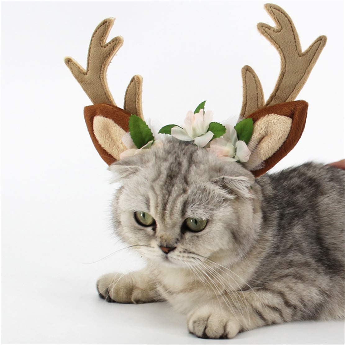  QMYS - Diadema de Cornamenta de Alce para Mascotas, Disfraz de Perro o Gato, Accesorios para el Pelo, Bufanda de Punto de Vamei, Cuernos de Reno para Disfraz de Gato, Ropa de Vestir de Navidad 
