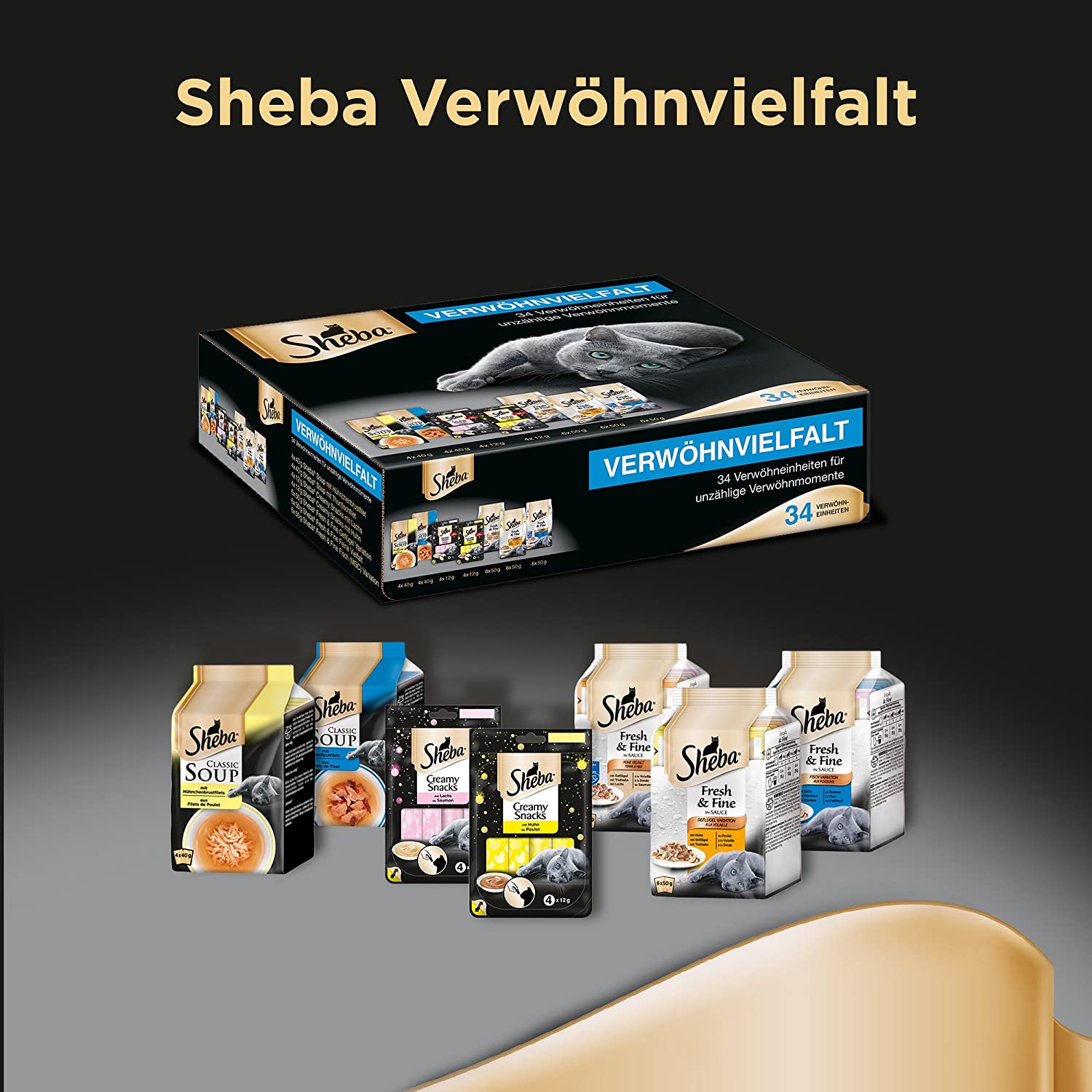  Sheba Pack de Mezcla de SEBA – Variado pienso para Gatos Soup, Fresh & Fine y cremosos Aperitivos – 34 Unidades en Diferentes variedades 