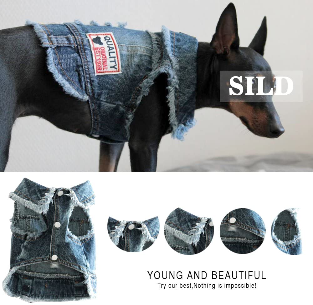  SILD - Chaqueta Vaquera con Capucha para Perros medianos y pequeños, diseño Vintage Desgastado, Color Azul (M) 