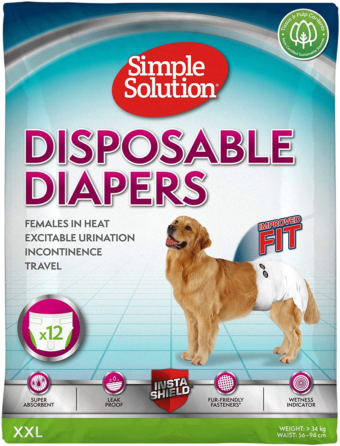  Simple Solution Disposable Pañales para perros, blanco, XXL - paquete de 12 