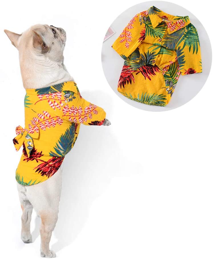  STKJ Ropa para Perros Camisa De Flores, Primavera Y Verano para Mascotas Camisa Nueva Camisa Transpirable para Perros Hawaianos Abrigo Pug Bulldog Francés,Amarillo,FB 