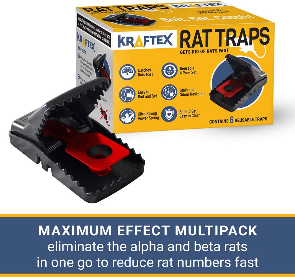  Trampas para Ratas Kraftex - Atrape Roedores Rápidamente [Paquete de 6] [Veloz y Efectivo] Paquete de Trampas [Fácil de Usar, Cero contacto con Ratas] Protege Niños, Mascotas y Ganado Contra 