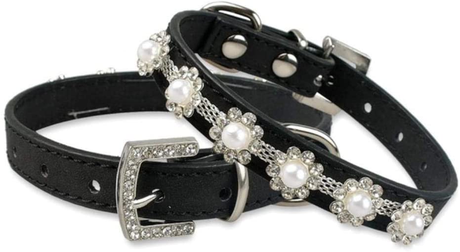  WANGJIN Collar de Perro Ajustable Rhinestone Perro Gato Collares Gamuza Perlas Flor   Diamante Hebilla para Caniche   Chihuahua, Negro, XS 