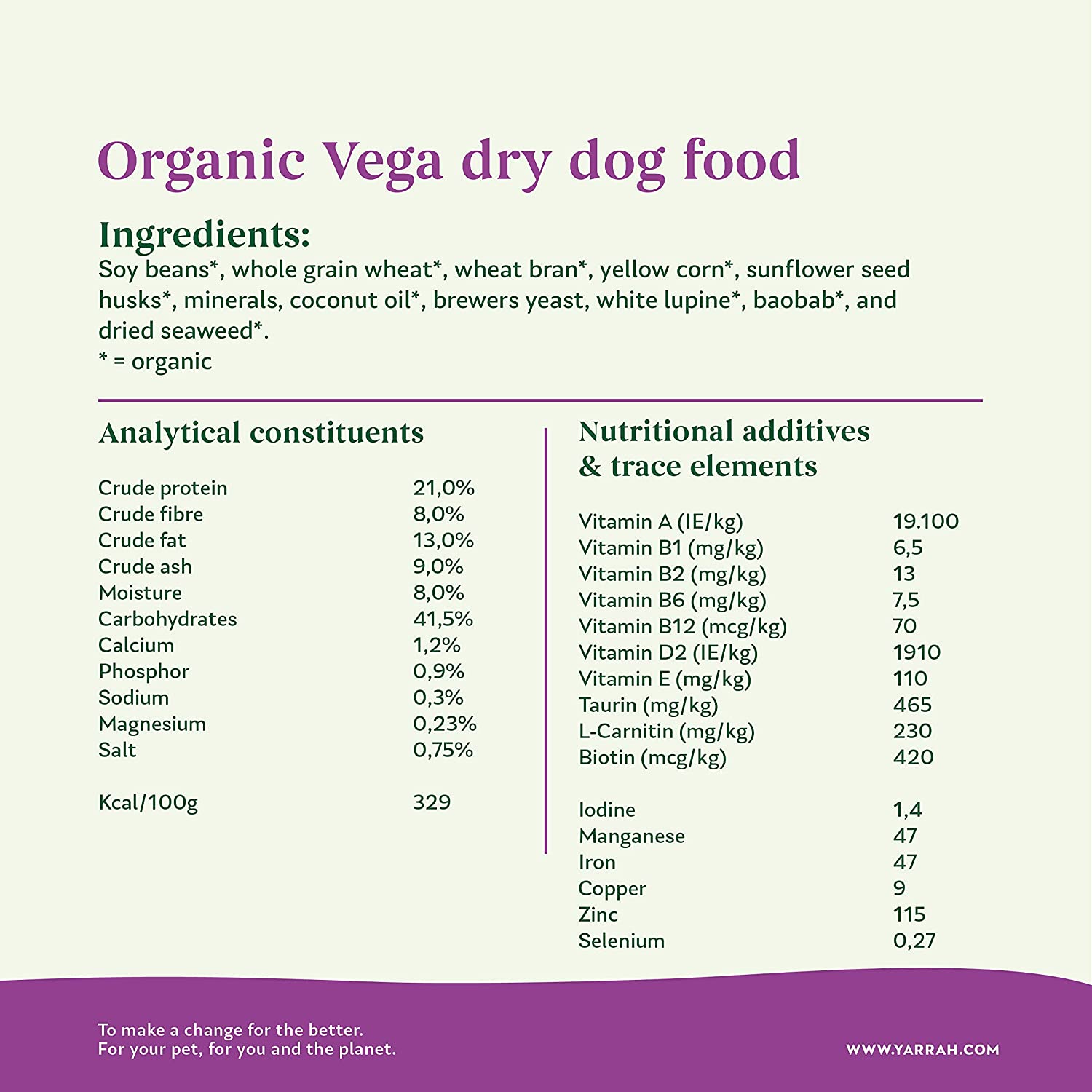  YARRAH - Comida Seca para Perro orgánica Vega – Sabrosa Vegetariana/Vegana con Soja orgánica, Aceite de Coco, Lupine Blanco y Baobab – Apto para Todo Tipo de Perros Adultos – 10 kg 