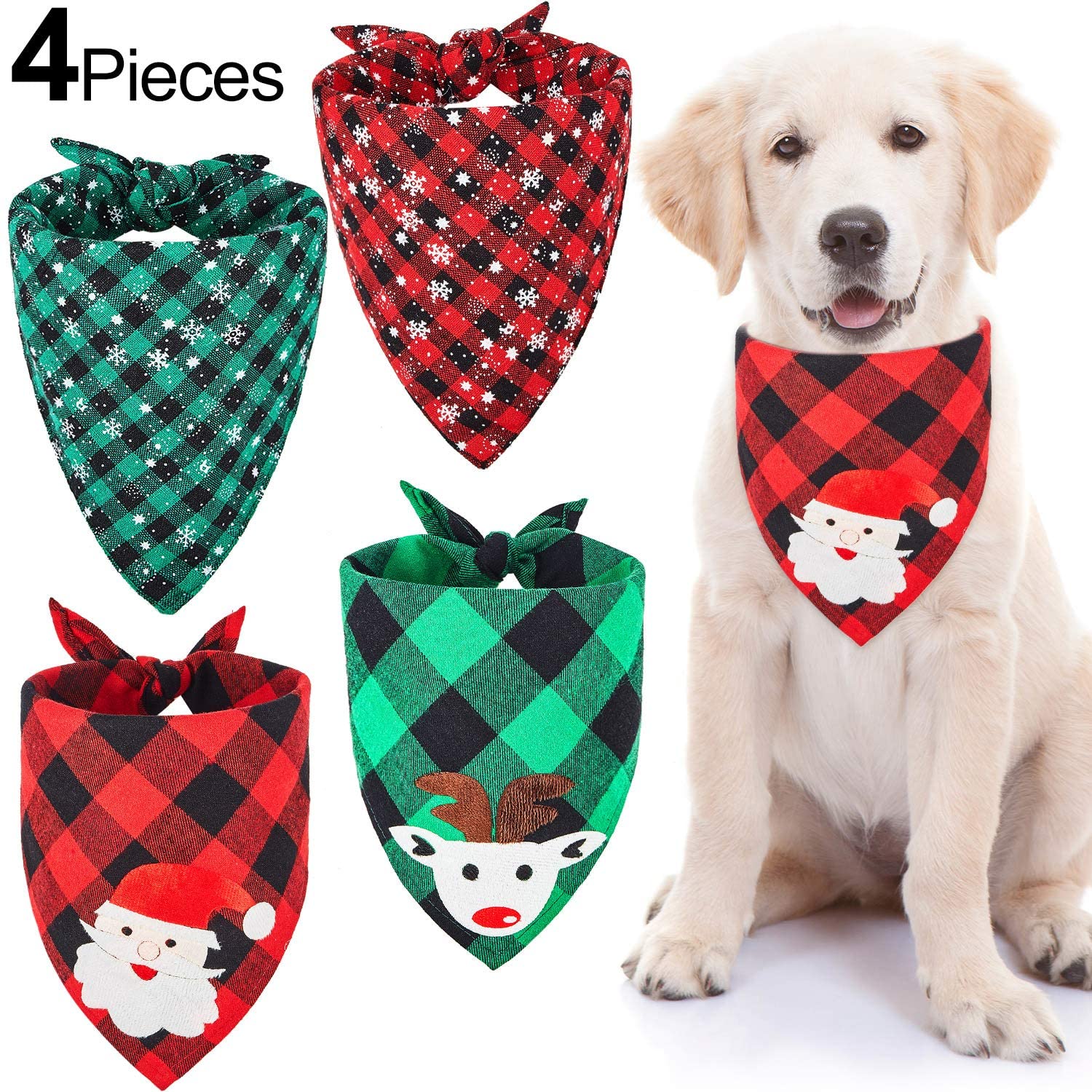  4 Pañuelos de Perro de Papá Noel de Navidad Bufanda Triángulo Mascotas de Tartán Copo de Nieve Babero Ajustable Lavable de Perros para Disfraces de Mascotas Gato Perro en Invierno Navidad 
