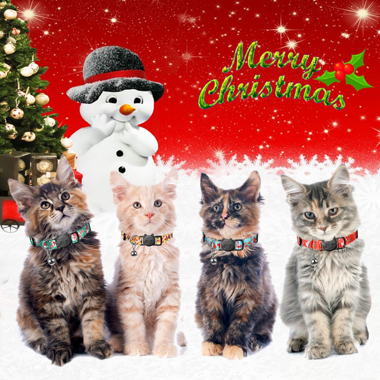 4 Piezas Collares de Gato de Navidad con Campana Collares de Gato Separables Ajustables Decoración Navideña del Gatito para Accesorios de Gato de Fiesta de Navidad 