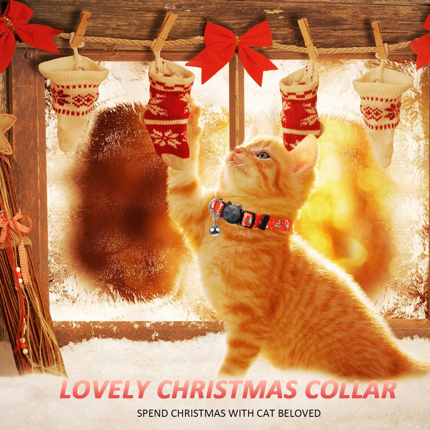  4 Piezas Collares de Gato de Navidad con Campana Collares de Gato Separables Ajustables Decoración Navideña del Gatito para Accesorios de Gato de Fiesta de Navidad 