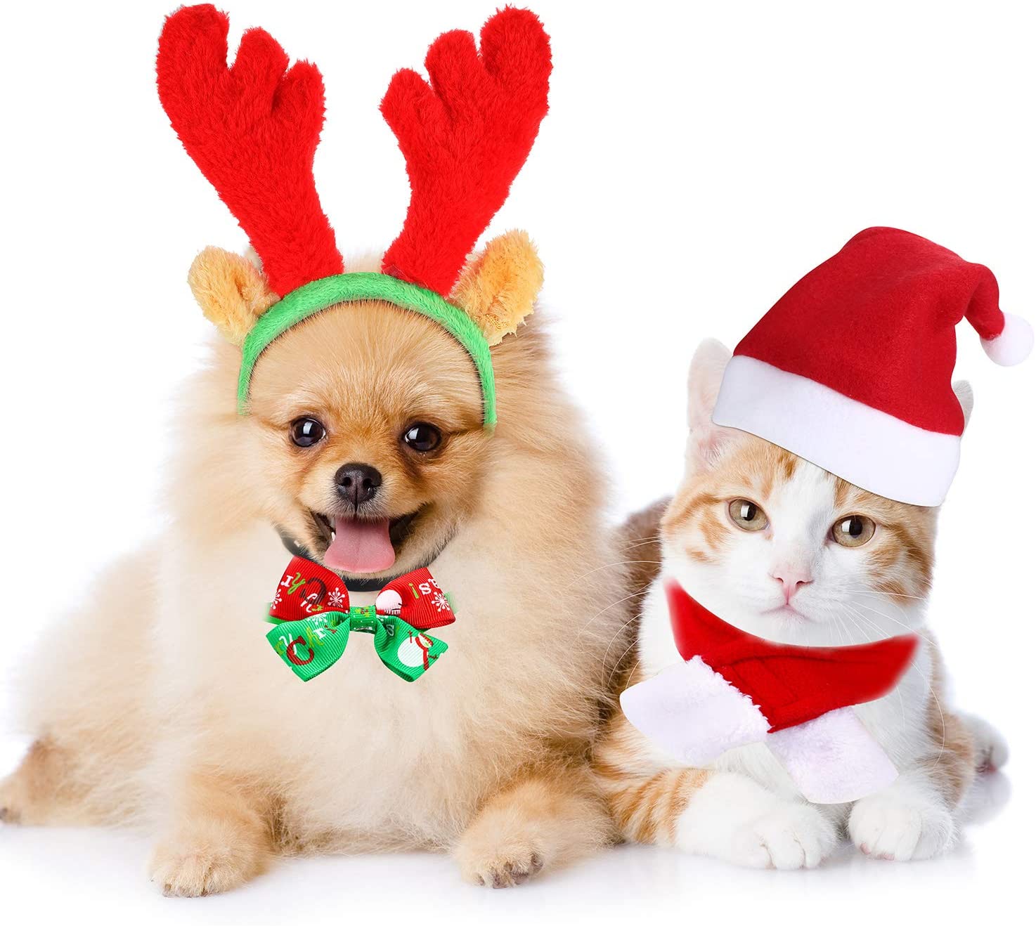  4 Piezas Sombrero Bufanda de Santa Navidad de Gato Perro Lindo Cuello Pajarita Cornamenta de Reno de Navidad con Oreja Diadema Accesorio de Disfraz de Navidad para Gatito Cachorro Pequeñas Mascotas 