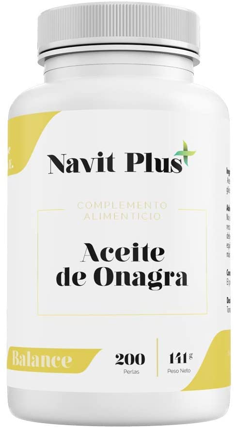  Aceite de Onagra 10% GLA + Vitamina E NAVIT PLUS | 200 perlas para reducir el dolor menstrual, síntomas de la menopausia y mejorar el equilibrio hormonal | fortalece huesos, uñas y piel | Fab Esp. 