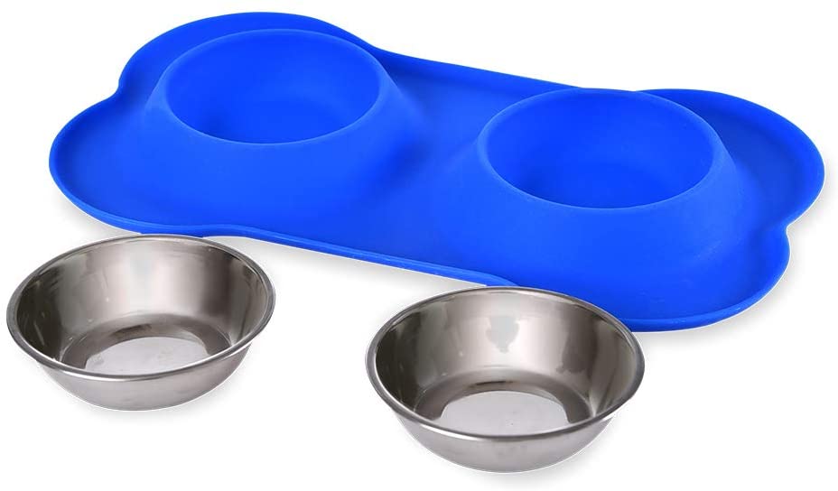  AmazonBasics Juego de base y cuencos para perro, forma de hueso, de silicona - azul 