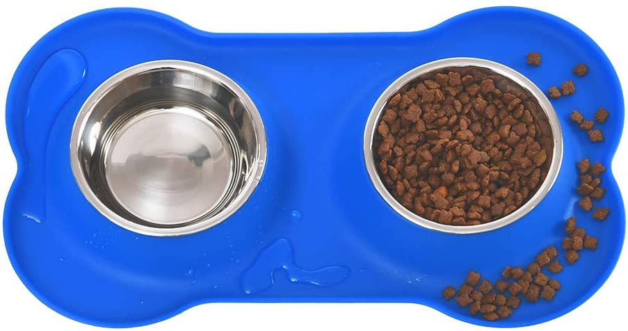  AmazonBasics Juego de base y cuencos para perro, forma de hueso, de silicona - azul 