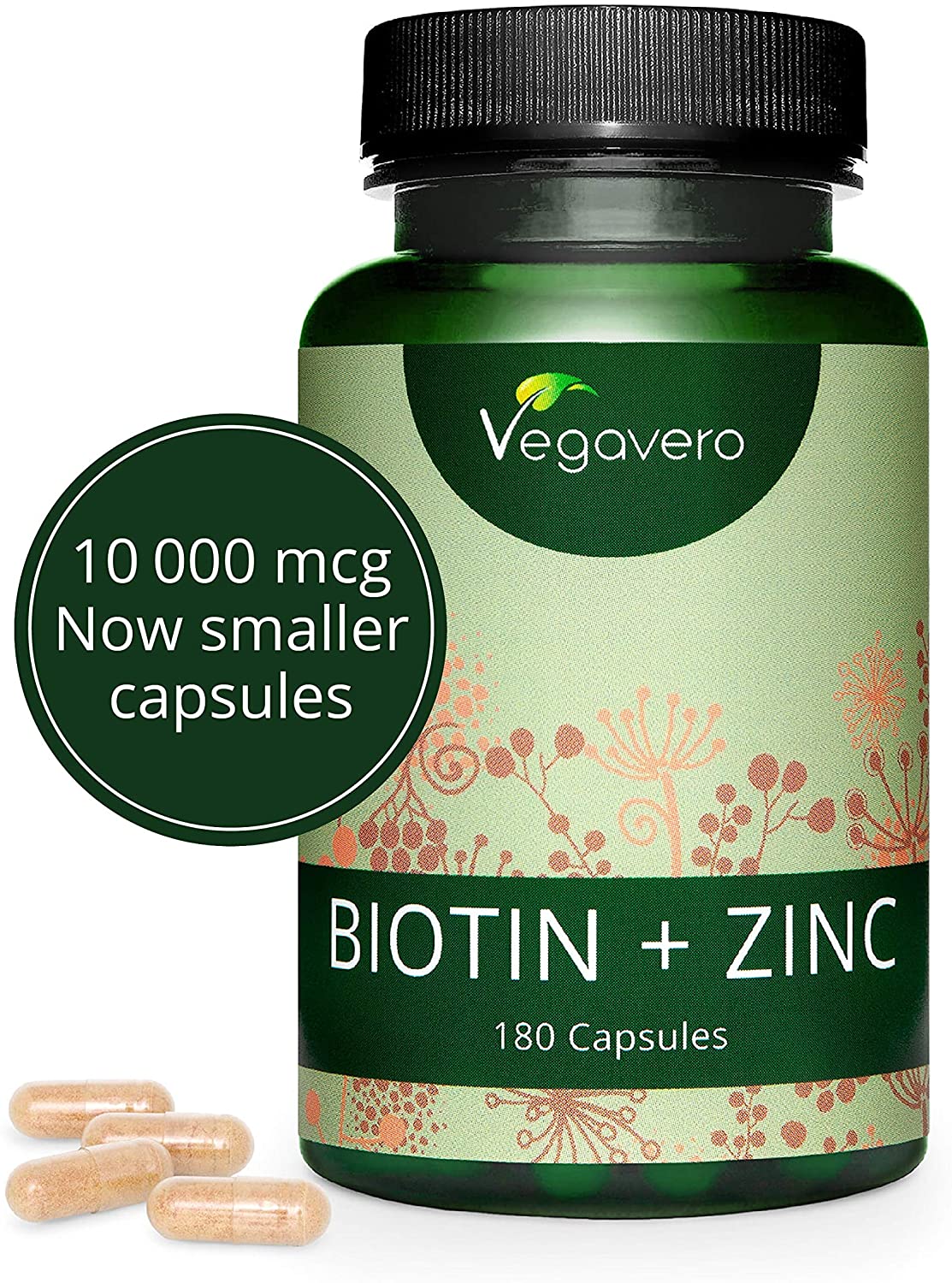  Biotina Vegavero® | 10000 mcg con Zinc | Vegana & La Única Sin Aditivos | Caída Pelo + Crecimiento + Vitaminas Para el Cabello | Piel + Uñas | 180 Cápsulas 