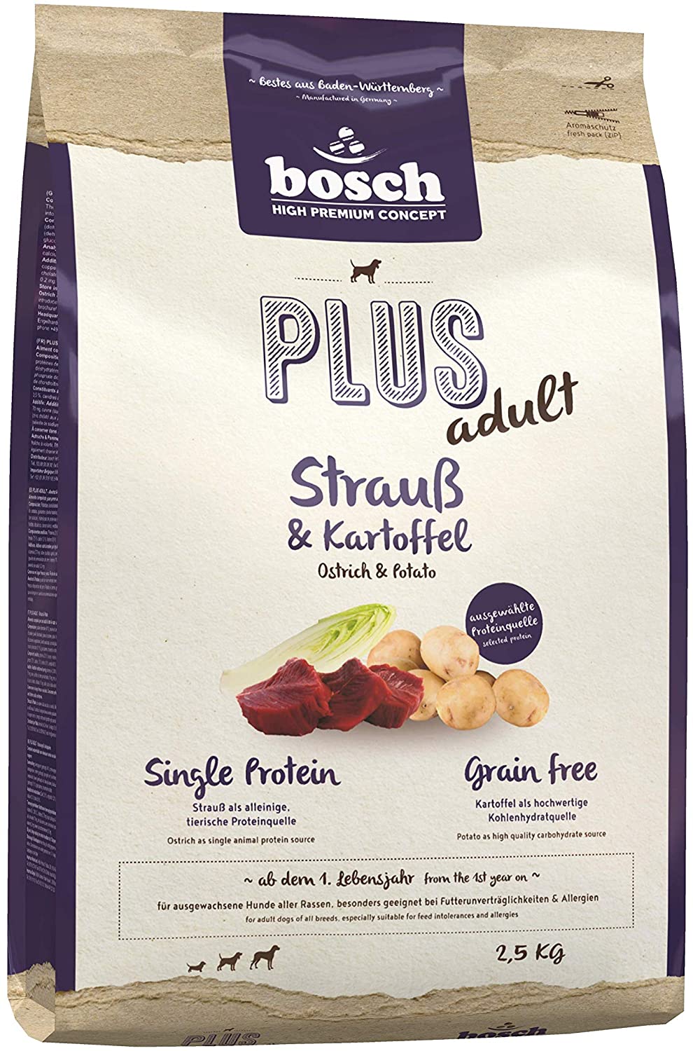  bosch HPC PLUS Adult | Avestruz y Patata | Comida seca para perros adultos de todas las razas | Single Protein | Sin Cereales | 12,5 kg 