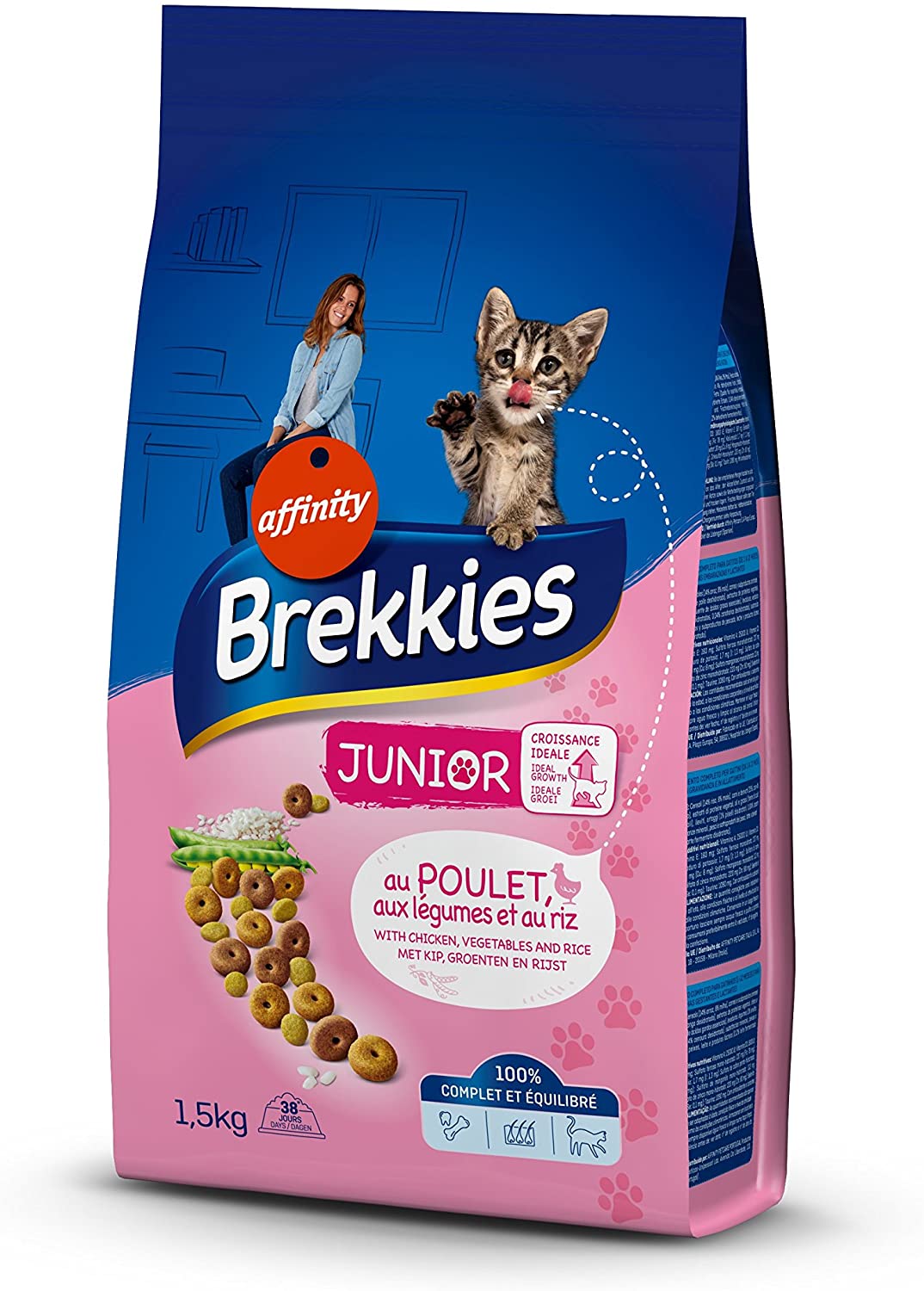  Brekkies Excel - Pienso para Gato (1-12 Meses), diseño de Pollo, galgumas y arroz, 1,5 kg – Lote de 6 