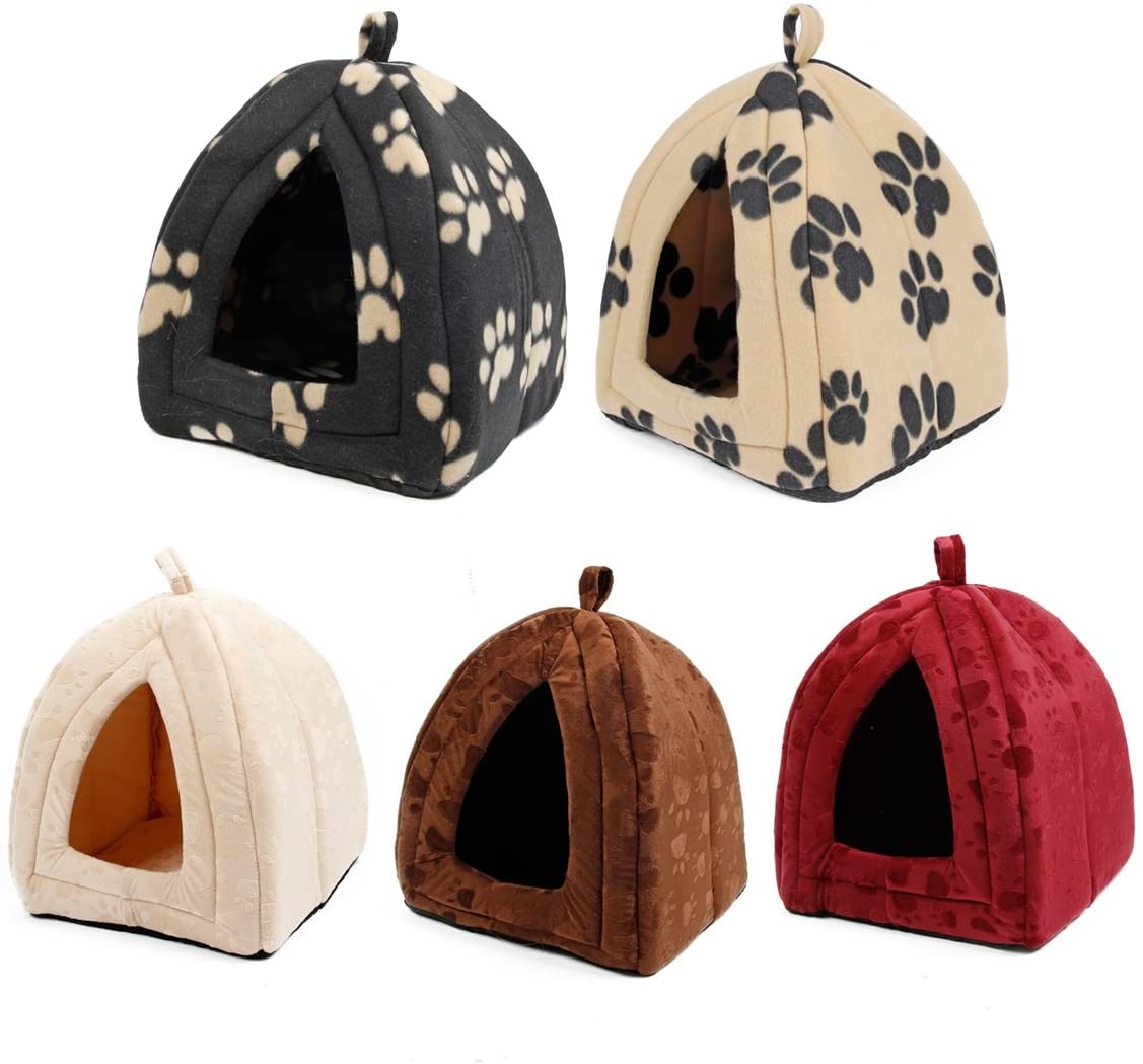  Cama para mascotas pequeñas con forma de iglú y con huellas impresas, lavable y suave, de 40 x 32 x 32 cm, de Ohana 