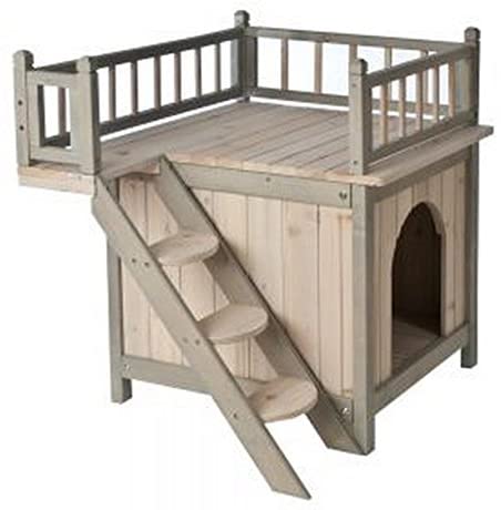 Casa de madera para perros o gatos, para usar en el interior del hogar, acabado en color gris y blanco Con una terraza y un dormitorio acogedor, ¡es un hogar para perros y gatos distinguidos! 
