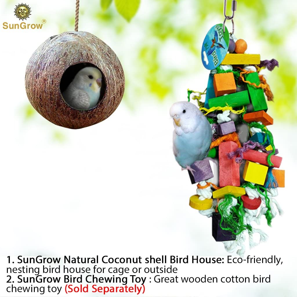  Casa de pájaros de concha de coco natural - Casa de pájaros para jaula o exterior - Finch, parakeet, alimentador ecológico de Sparrows - textura natural fomenta el ejercicio de pie y pico 