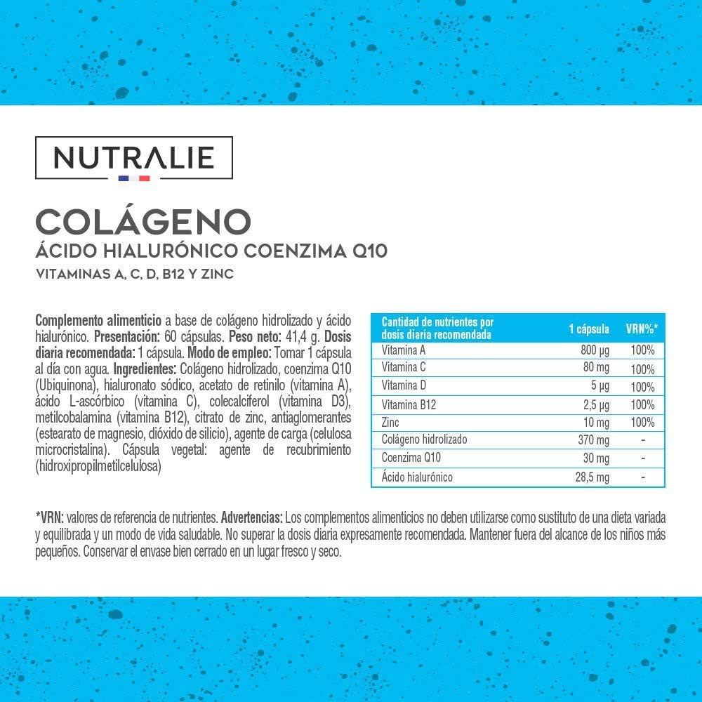  Colágeno + Ácido Hialurónico + Coenzima Q10 + Vitaminas A, C, D y B12 + Zinc | Energía y Articulaciones Fuertes | Colágeno Hidrolizado en 60 cápsulas | Nutralie 