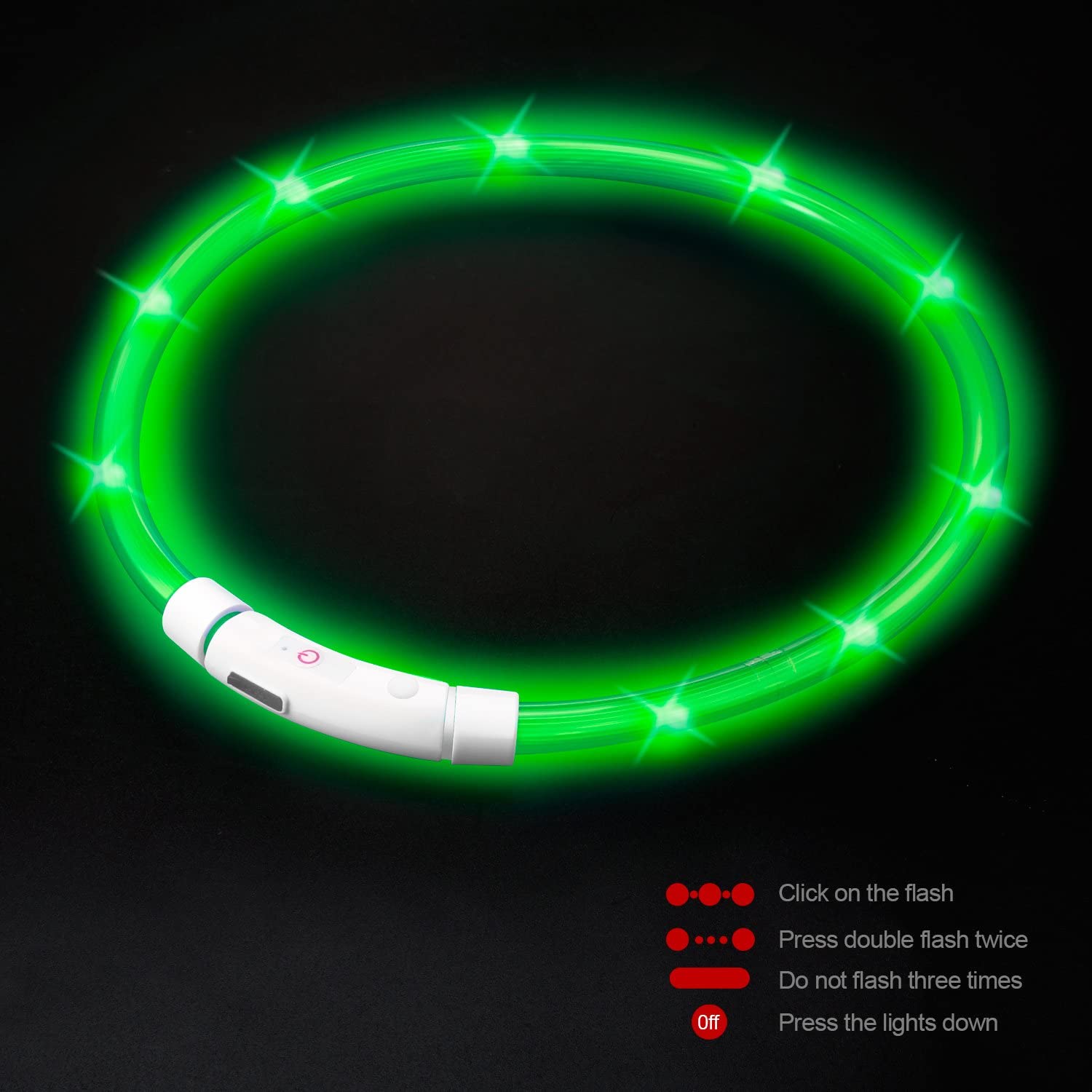  Collar para Perros, Collar de Seguridad para Perros, Rymall collar adiestramiento USB ajustable recargable impermeable LED parpadea luz Collar del animal doméstico, Verde 