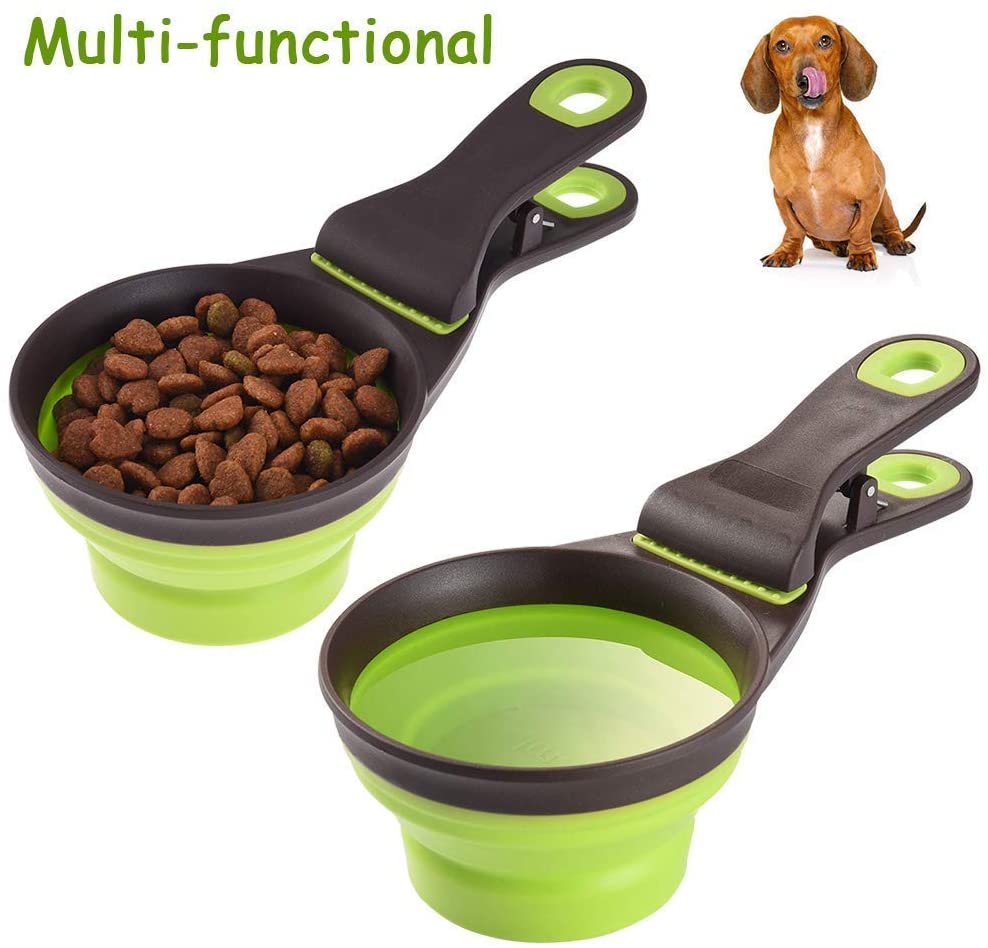  Cuchara 3 en 1 para alimentos, 237 ml Plegable Clip de cuchara medidora de alimentos para mascotas Alimentación de almacenamiento y riego Suministros para el hogar al aire libre, verde 1 taza / 8 oz 